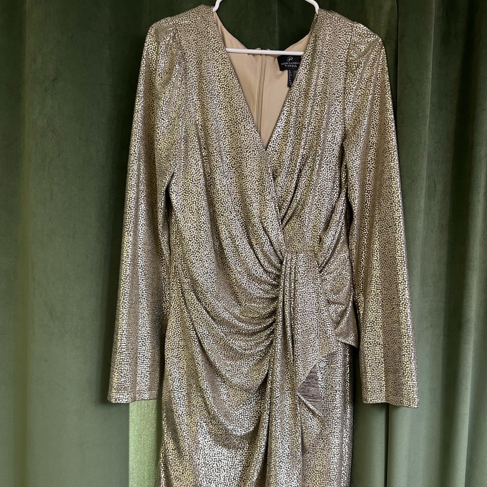 Arianna Papell Long sleeve MIDI Gold V-Neck Dress Size 16